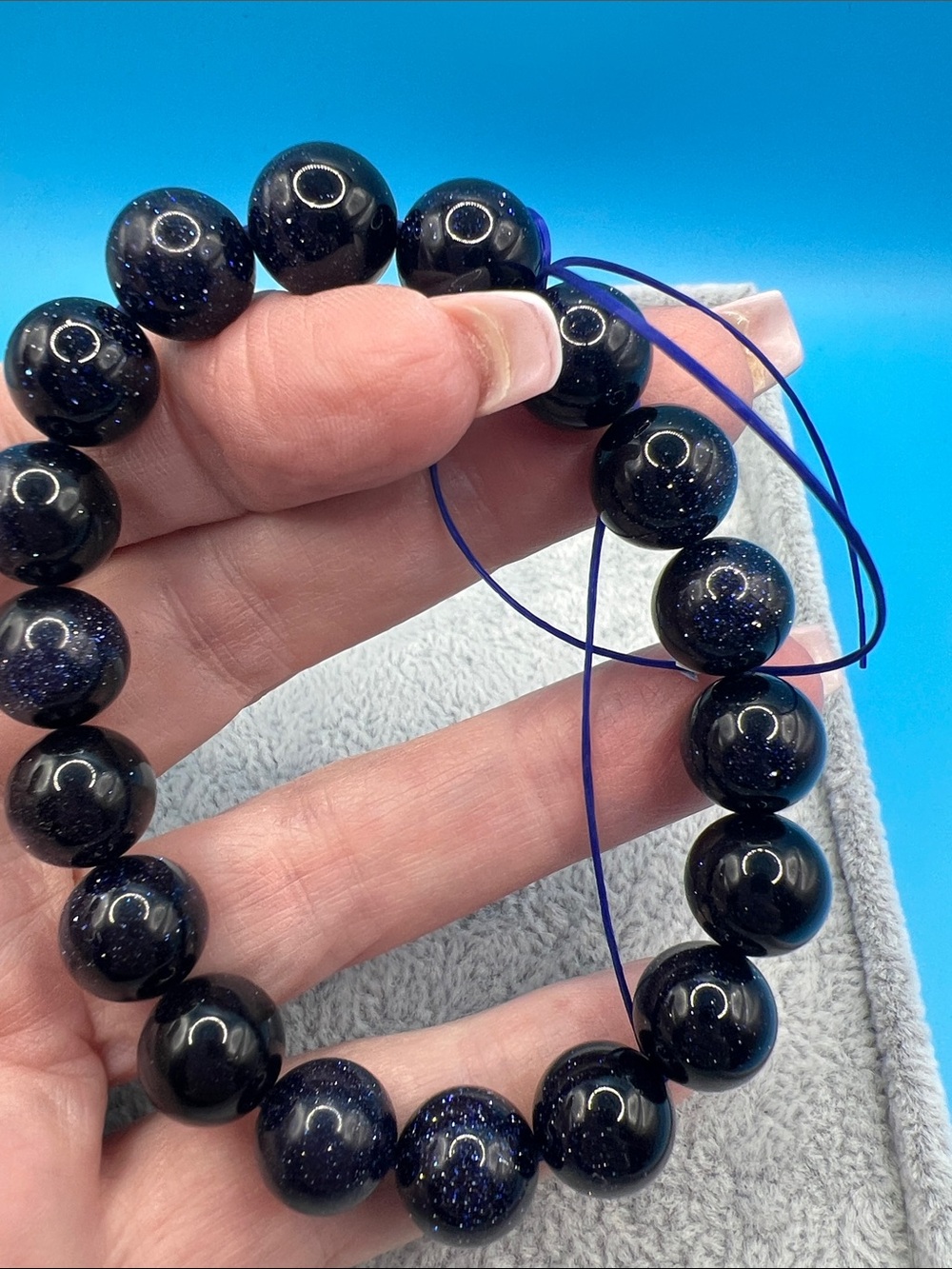 Blue Goldstone Beaded Stretch Bracelet - Deep Blue Sparkle